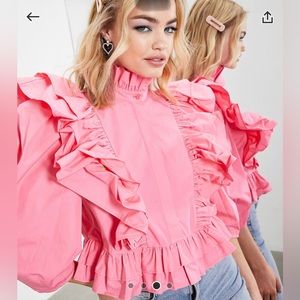 ASOS EDITION Ruffle detail short with hight neck in pink Blouse pink